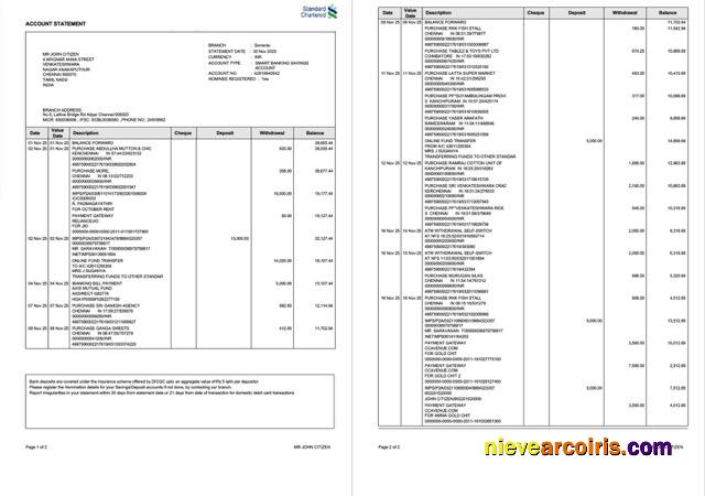 India Standard Chartered Bank account statement Word and PDF, 2 pages, version 2